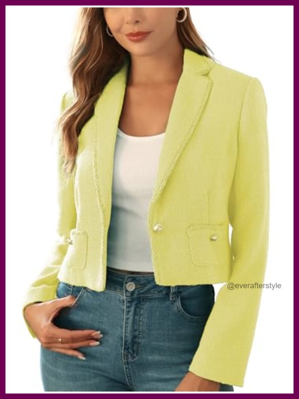 Women's Cropped Tweed Blazer Jacket Pearl Buttons Fringe Office Work